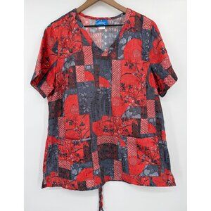 Elan By Barco Light Weight Scrub Top Women L Beautiful Orange Floral Patchwork